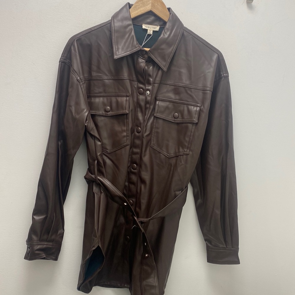 Mainstrip faux leather button up jacket with adjustable belt